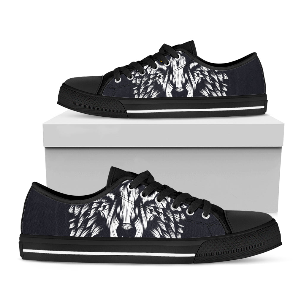 Navy And White Wolf Print Black Low Top Shoes 