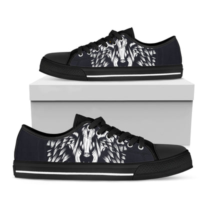 Navy And White Wolf Print Black Low Top Shoes 