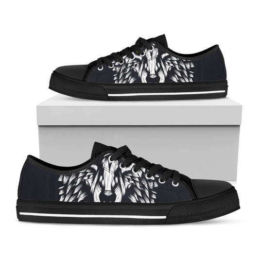 Navy And White Wolf Print Black Low Top Shoes 