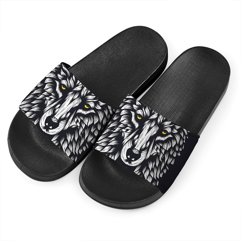 Navy And White Wolf Print Black Slide Sandals