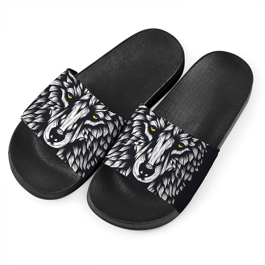 Navy And White Wolf Print Black Slide Sandals