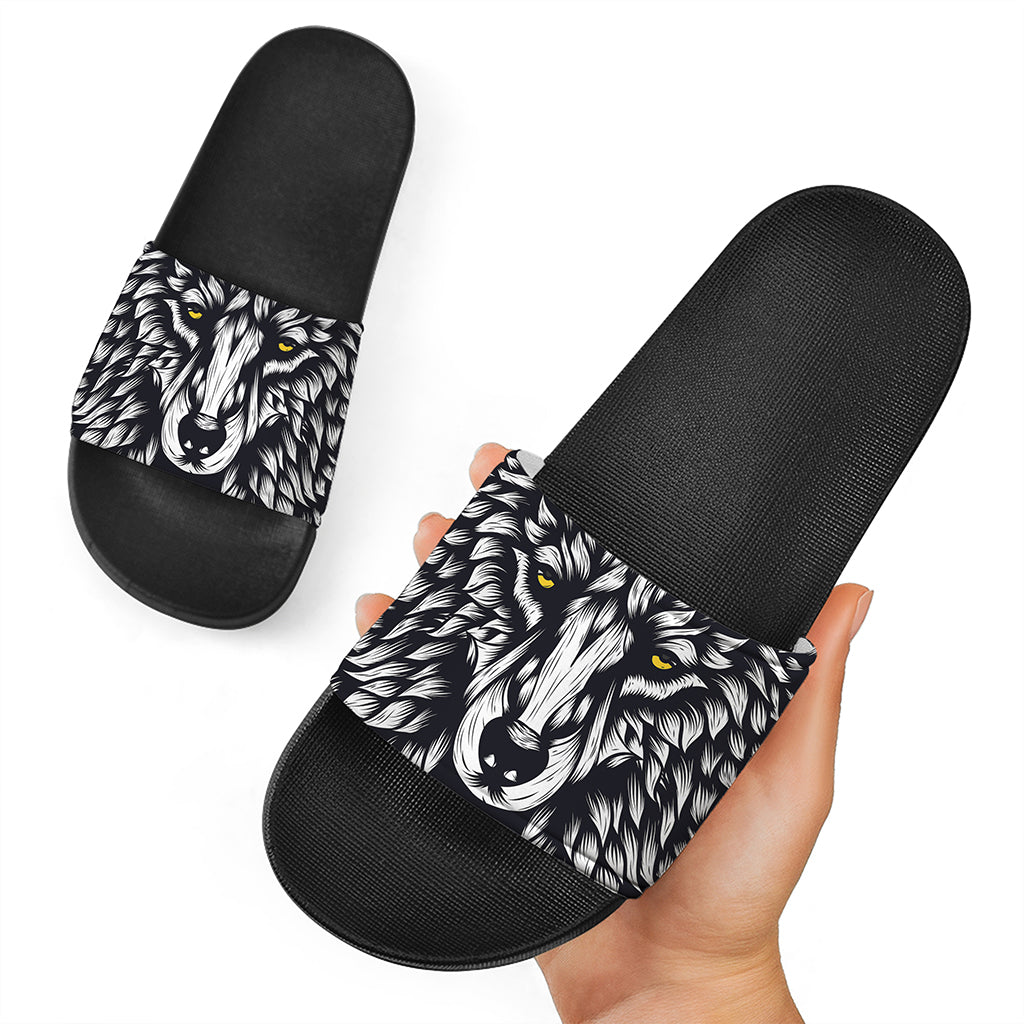 Navy And White Wolf Print Black Slide Sandals