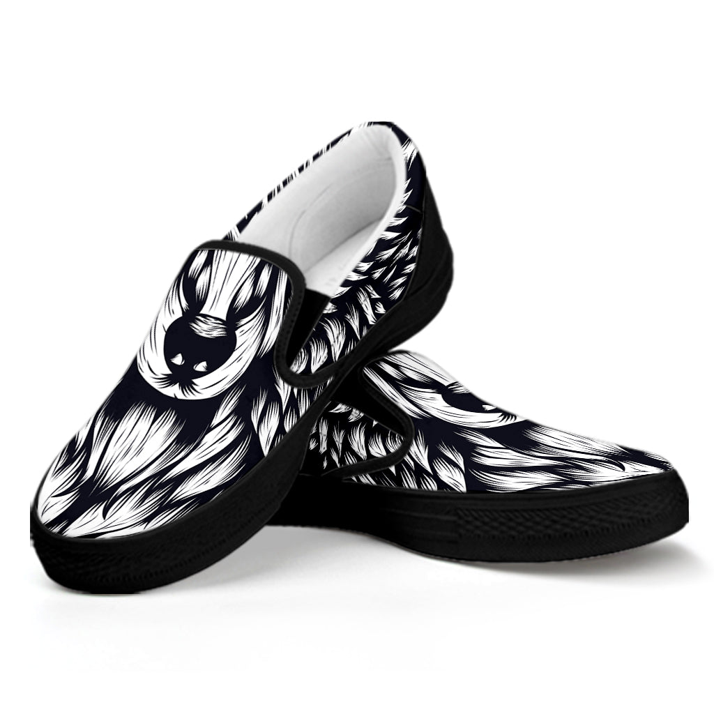 Navy And White Wolf Print Black Slip On Shoes