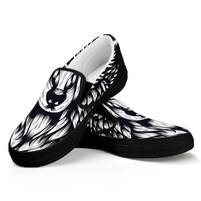 Navy And White Wolf Print Black Slip On Shoes
