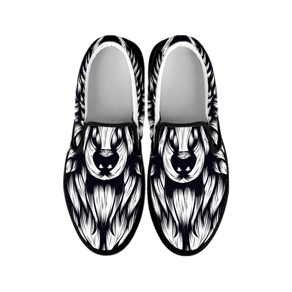 Navy And White Wolf Print Black Slip On Shoes