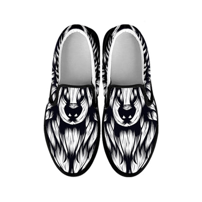 Navy And White Wolf Print Black Slip On Shoes