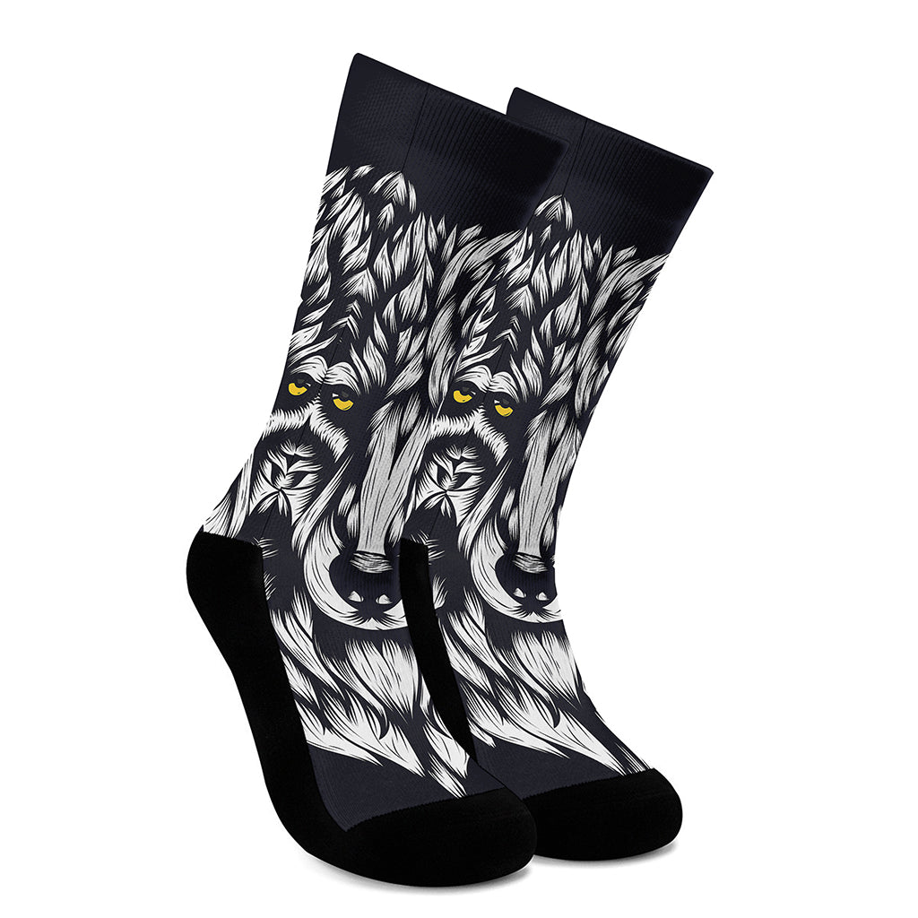 Navy And White Wolf Print Crew Socks