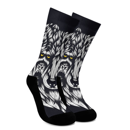 Navy And White Wolf Print Crew Socks