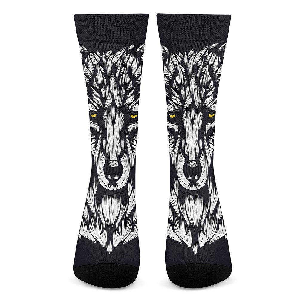 Navy And White Wolf Print Crew Socks