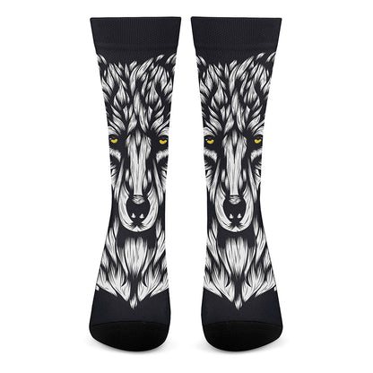 Navy And White Wolf Print Crew Socks