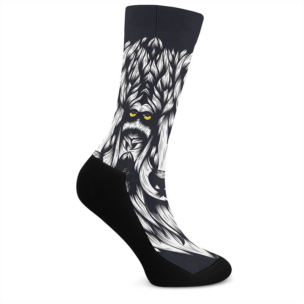 Navy And White Wolf Print Crew Socks