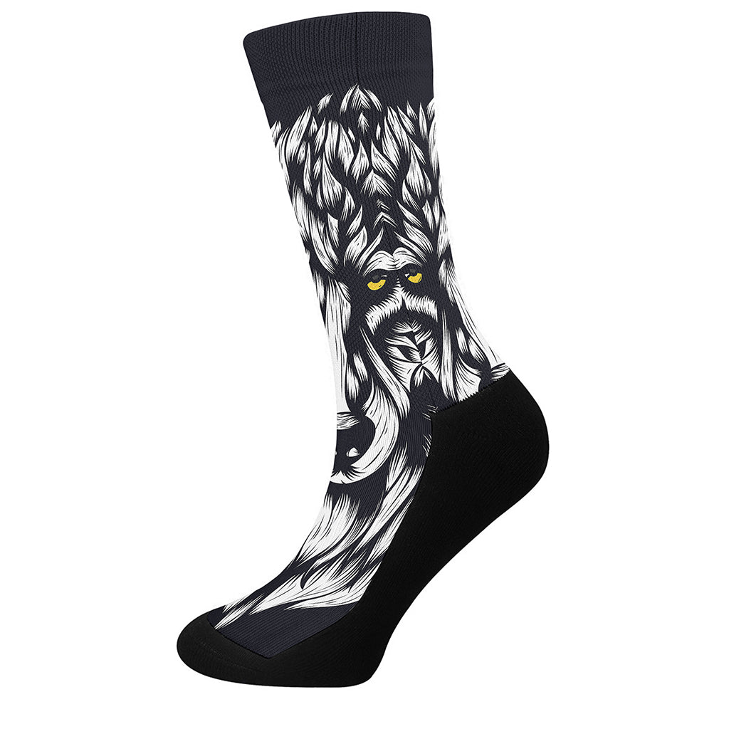 Navy And White Wolf Print Crew Socks
