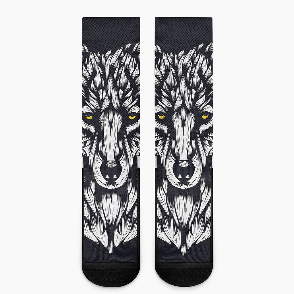 Navy And White Wolf Print Crew Socks