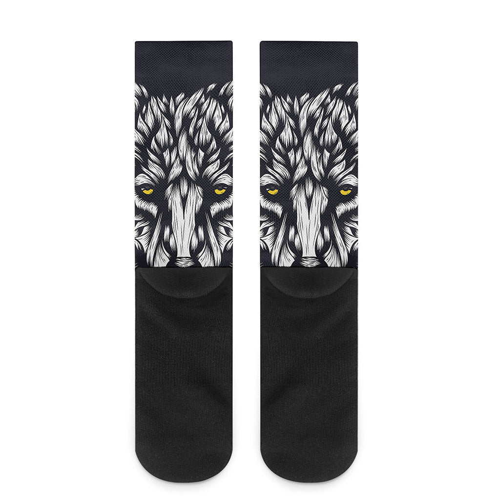 Navy And White Wolf Print Crew Socks