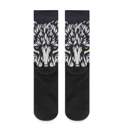 Navy And White Wolf Print Crew Socks