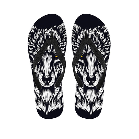 Navy And White Wolf Print Flip Flops
