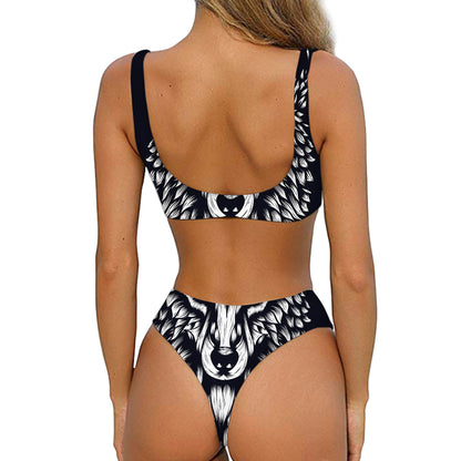 Navy And White Wolf Print Front Bow Tie Bikini