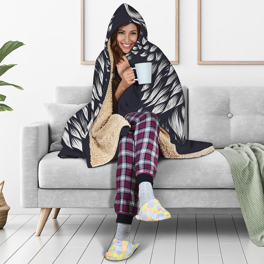 Navy And White Wolf Print Hooded Blanket