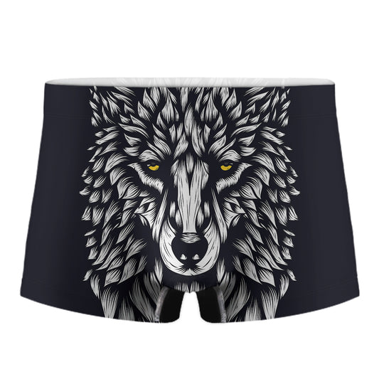 Navy And White Wolf Print Men's Boxer Briefs