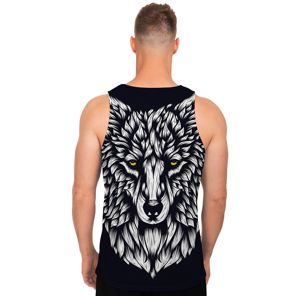 Navy And White Wolf Print Men's Tank Top