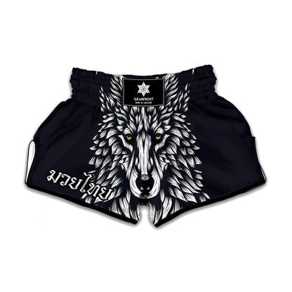 Navy And White Wolf Print Muay Thai Boxing Shorts