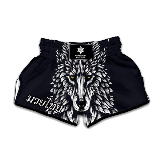 Navy And White Wolf Print Muay Thai Boxing Shorts