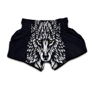 Navy And White Wolf Print Muay Thai Boxing Shorts