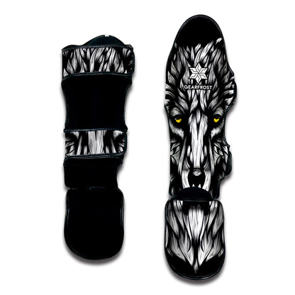 Navy And White Wolf Print Muay Thai Shin Guard