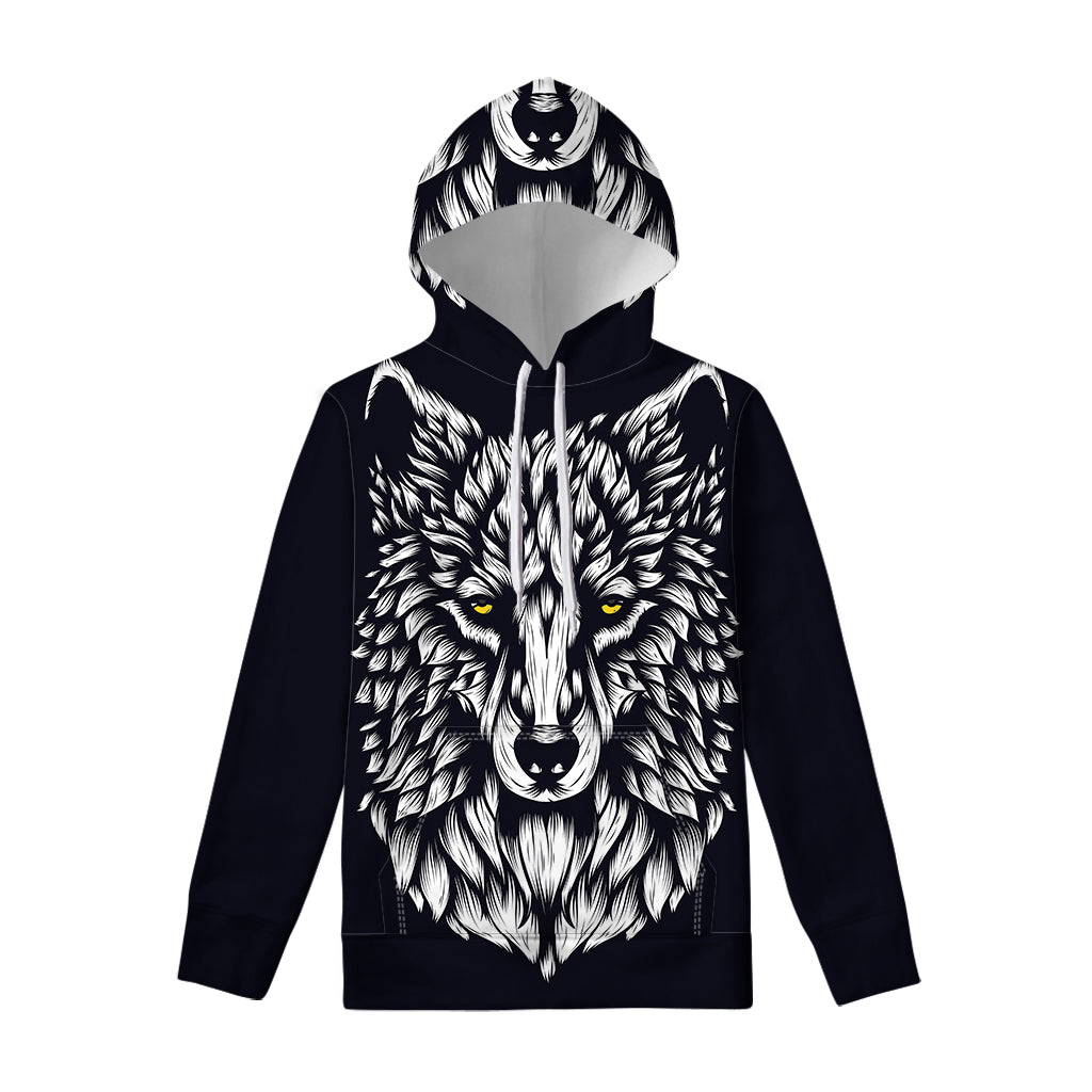 Navy And White Wolf Print Pullover Hoodie