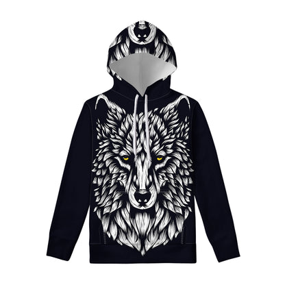 Navy And White Wolf Print Pullover Hoodie