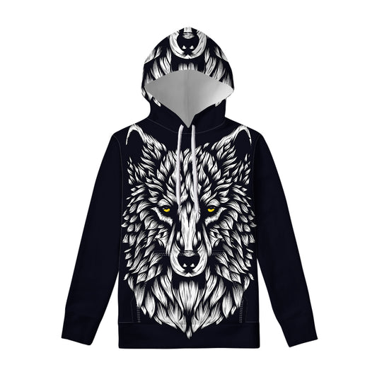 Navy And White Wolf Print Pullover Hoodie