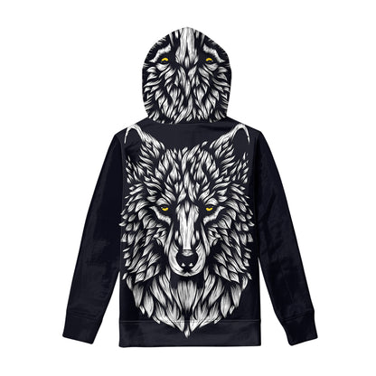 Navy And White Wolf Print Pullover Hoodie