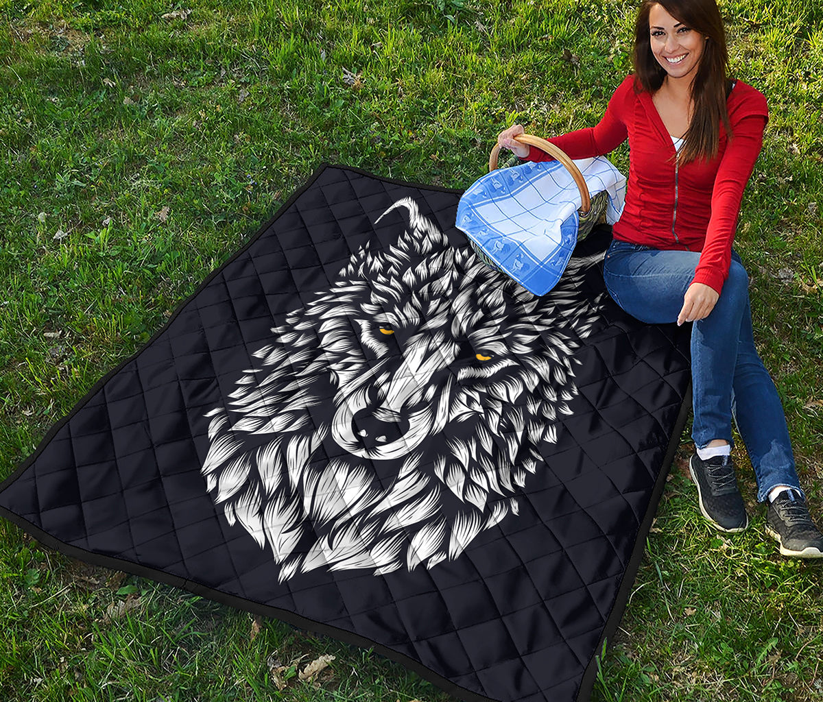 Navy And White Wolf Print Quilt