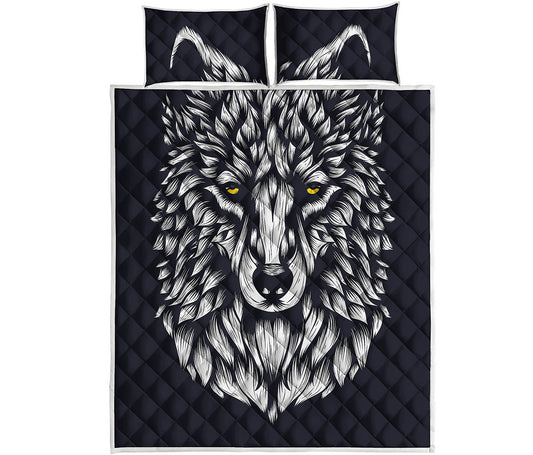 Navy And White Wolf Print Quilt Bed Set