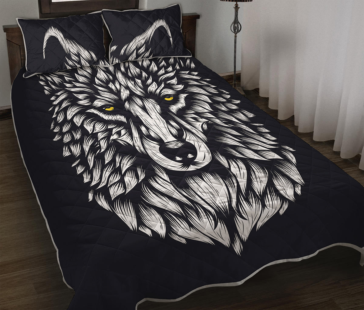 Navy And White Wolf Print Quilt Bed Set