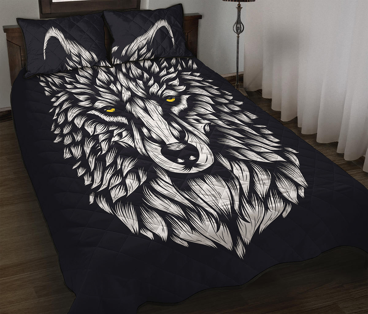 Navy And White Wolf Print Quilt Bed Set