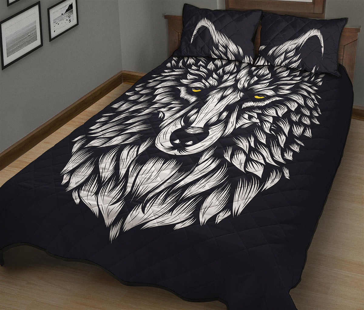 Navy And White Wolf Print Quilt Bed Set