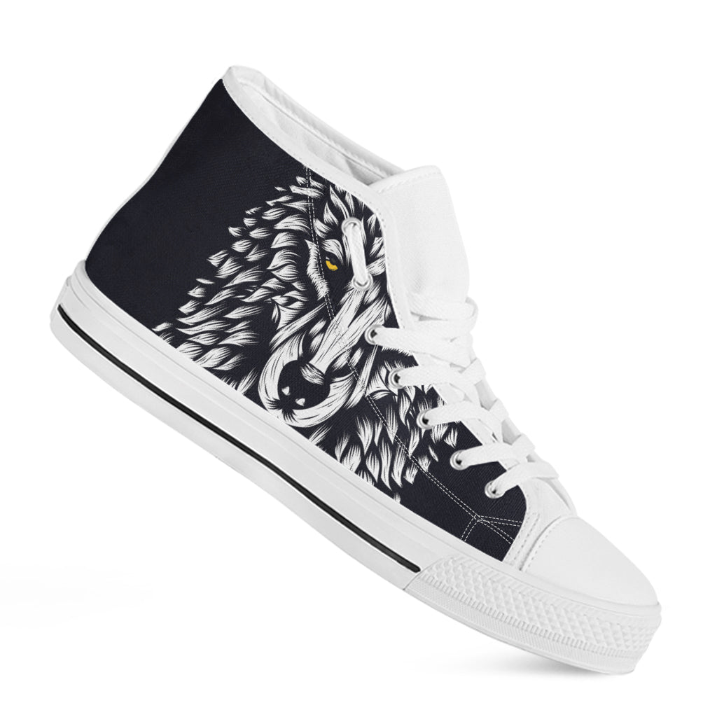 Navy And White Wolf Print White High Top Shoes