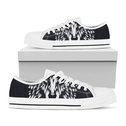 Navy And White Wolf Print White Low Top Shoes