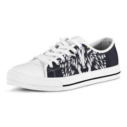 Navy And White Wolf Print White Low Top Shoes