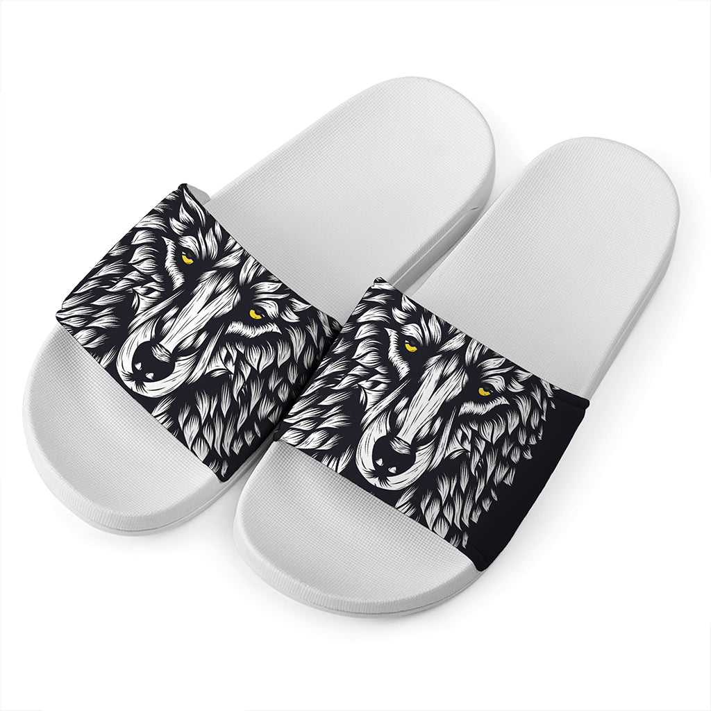 Navy And White Wolf Print White Slide Sandals