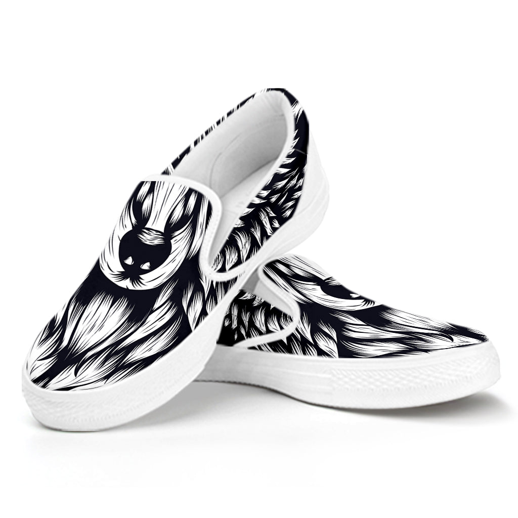Navy And White Wolf Print White Slip On Shoes