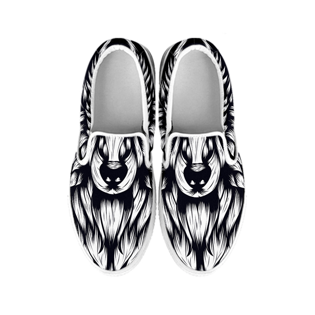 Navy And White Wolf Print White Slip On Shoes