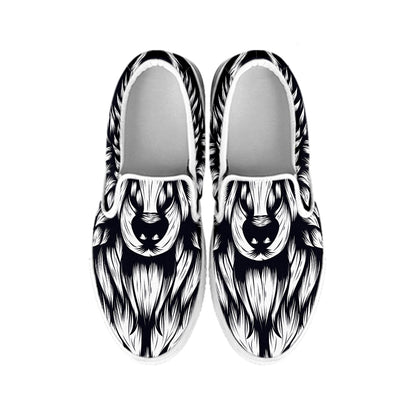 Navy And White Wolf Print White Slip On Shoes