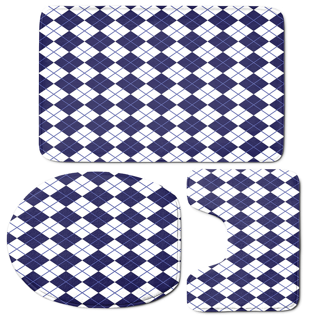 Navy Blue And White Argyle Pattern Print 3 Piece Bath Mat Set