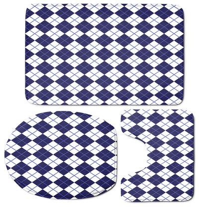 Navy Blue And White Argyle Pattern Print 3 Piece Bath Mat Set
