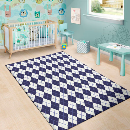 Navy Blue And White Argyle Pattern Print Area Rug