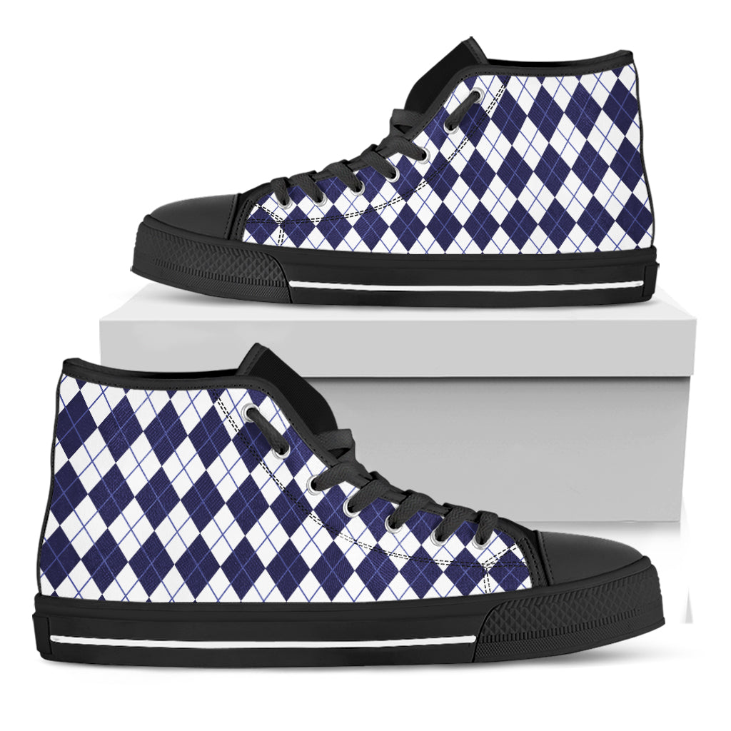 Navy Blue And White Argyle Pattern Print Black High Top Shoes