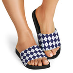 Navy Blue And White Argyle Pattern Print Black Slide Sandals