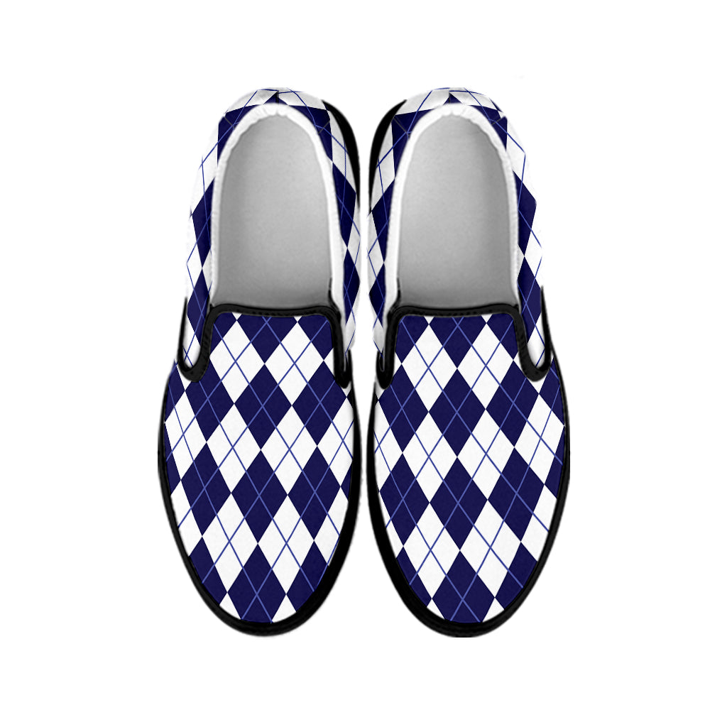 Navy Blue And White Argyle Pattern Print Black Slip On Shoes